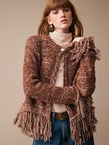 Arave Women's Jacket Straight Short Fit Tweed Fringe Hem Cuffs Round Neck Single Button Elegant Brown Textured Autumn Outfit For Women Thanksgiving - Multicolor - View 1