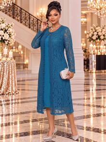 Fleurora Plus Size Women Solid Color Dress And Lace Robe Elegant 2 Pieces Set Elegant Women's Set Casual Sets For Women Blue Dress Formal Dress Fall/Winter - Dusty Blue - View 6