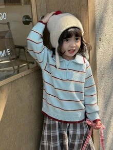 Dazy Kids Infant/Toddler (Girl) Turn-Collar Striped Long Sleeve Autumn/Winter Korean Style Casual Versatile Contrast Color Sweater - Baby Blue - View 6
