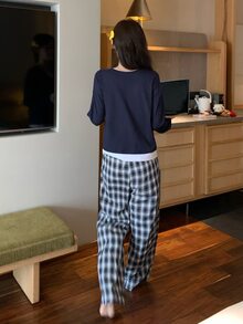 DAZY 2pcs/Set Women's Colorblock 2 In 1 Loose T-Shirt & Plaid Straight Leg Long Pajama Pants Sleepwear Set - Navy Blue - View 2
