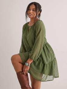 Freevana Plus Size fransk semester jacquard långärmad modesskjorta höst - Grön - Visa 1