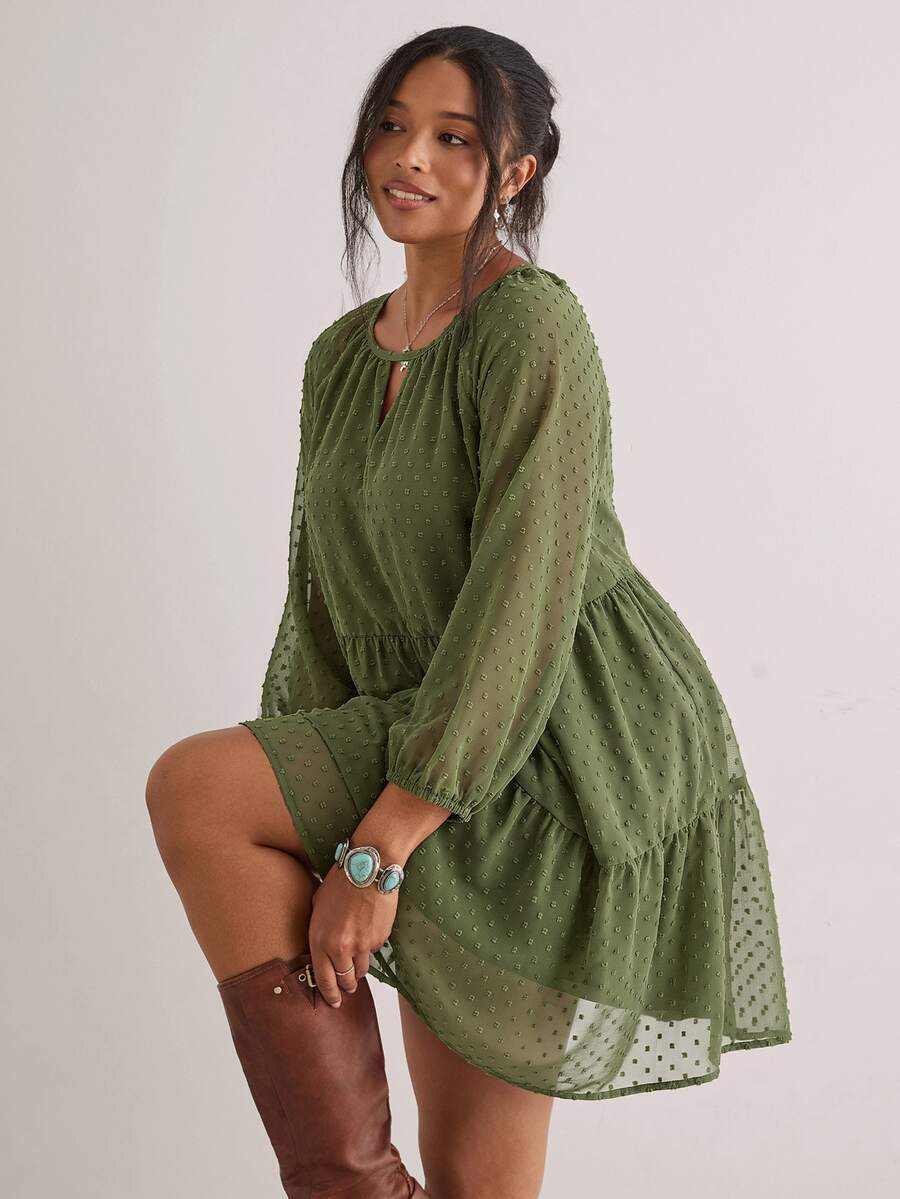 Freevana Plus Size fransk semester jacquard långärmad modesskjorta höst - Grön - Visa 1