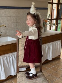 DAZY Infant/Toddler (Girl) Korean Style Solid Color Layered Pinafore Dress - Red - View 6