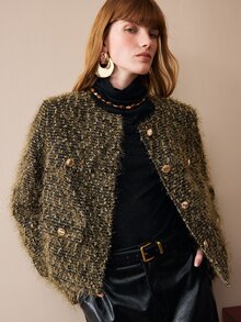 Arave Women's Jacket Broad Shoulder Straight Textured Woolen Double Breasted Gold Buttons Collarless Short Modern Olive Green Solid Winter Clothes Christmas - Army Green - View 2
