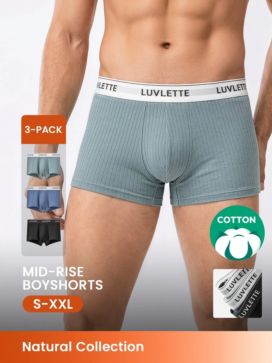 LUVLETTE 3-Pack Cotton Mid Rise Printed Letter Webbing Men's Boxer Briefs - Multicolor - View 1