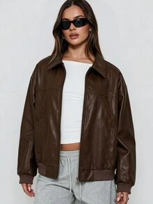 Avenya Minimalist Style Lapel Split Zipper Slightly Loose Textured Leather Jacket - Brown - View 5