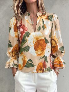 RosyDaze Vintage Oil Painting Floral Print Stand Collar V-Neck Blouse, Atmospheric Double Layer Ruffle Lantern Sleeve Vacation Top - Khaki - View 3