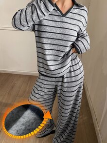 DAZY 2pcs Women's Pajama Set, Colorblock V-Neck Striped Loose Long Sleeve Top And Straight Leg Long Pants - Light Grey - View 5