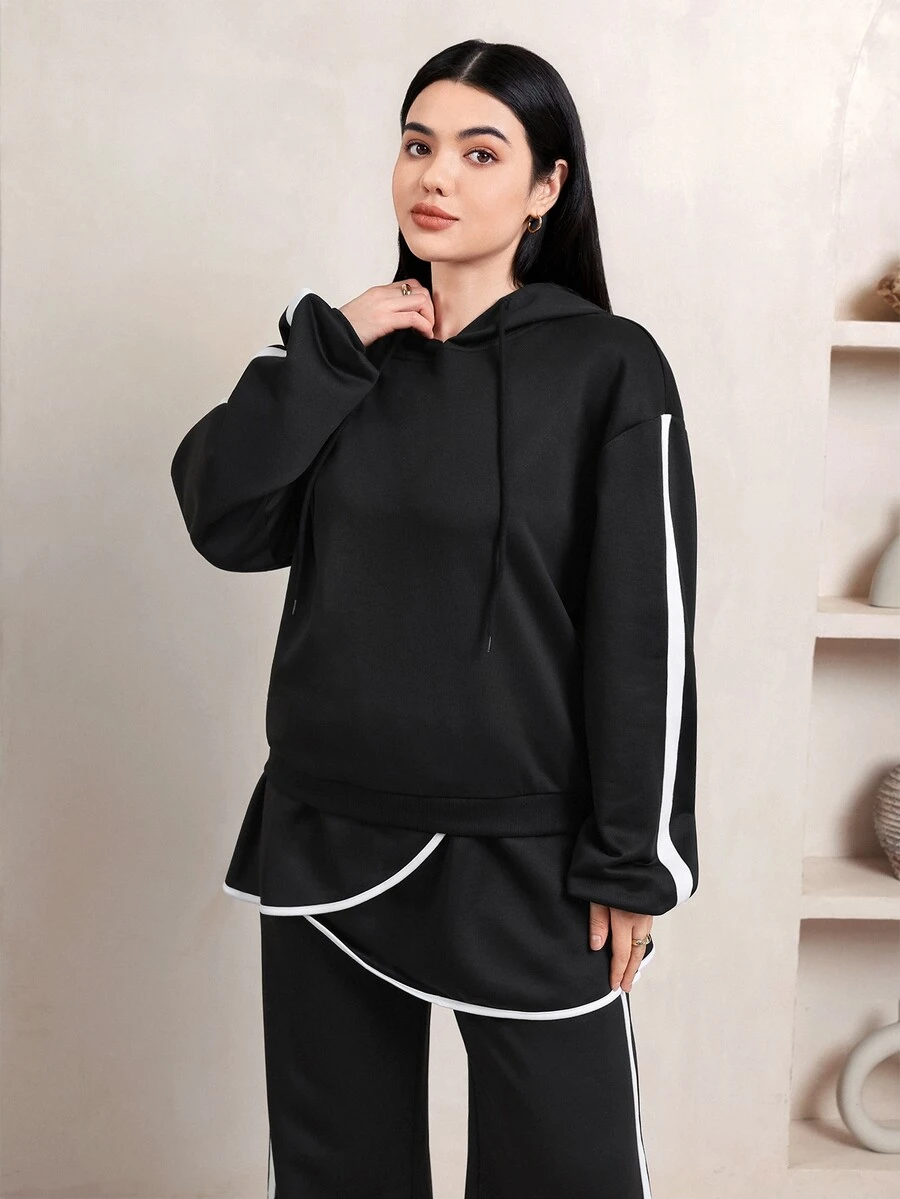 Veilorie Women's Modest Colorblock Hooded Sweatshirt, Casual Athleisure Sporty Active Sweatshirt For Daily Wear - Black - View 1