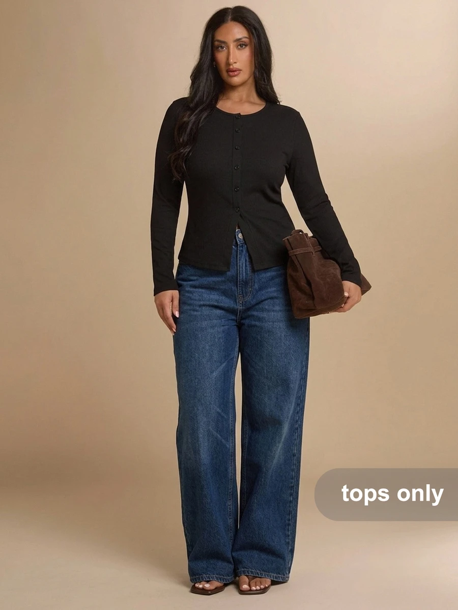 SHEIN BAE CURVE Plus Size Women Solid Color Crew Neck Long Sleeve Single-Breasted Casual T-Shirt - Black - View 1