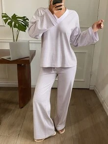 Livesso Women's Striped Long Sleeve Top And Pants Casual Daily Loungewear Set - Purple - View 3