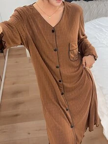 Napfluff Women's Solid Color V-Neck Casual Daily Home Sleep Dress - Brown - View 4