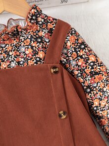 SHEIN Young Girl Fall Winter Outfits 2pcs Floral Mock Neck Ruffle Blouse And Button Side Corduroy Overal - Brown - View 5