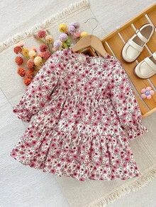 SHEIN Baby Girl Woven Ditsy Floral Round Neck Casual Dress - Multicolor - View 1