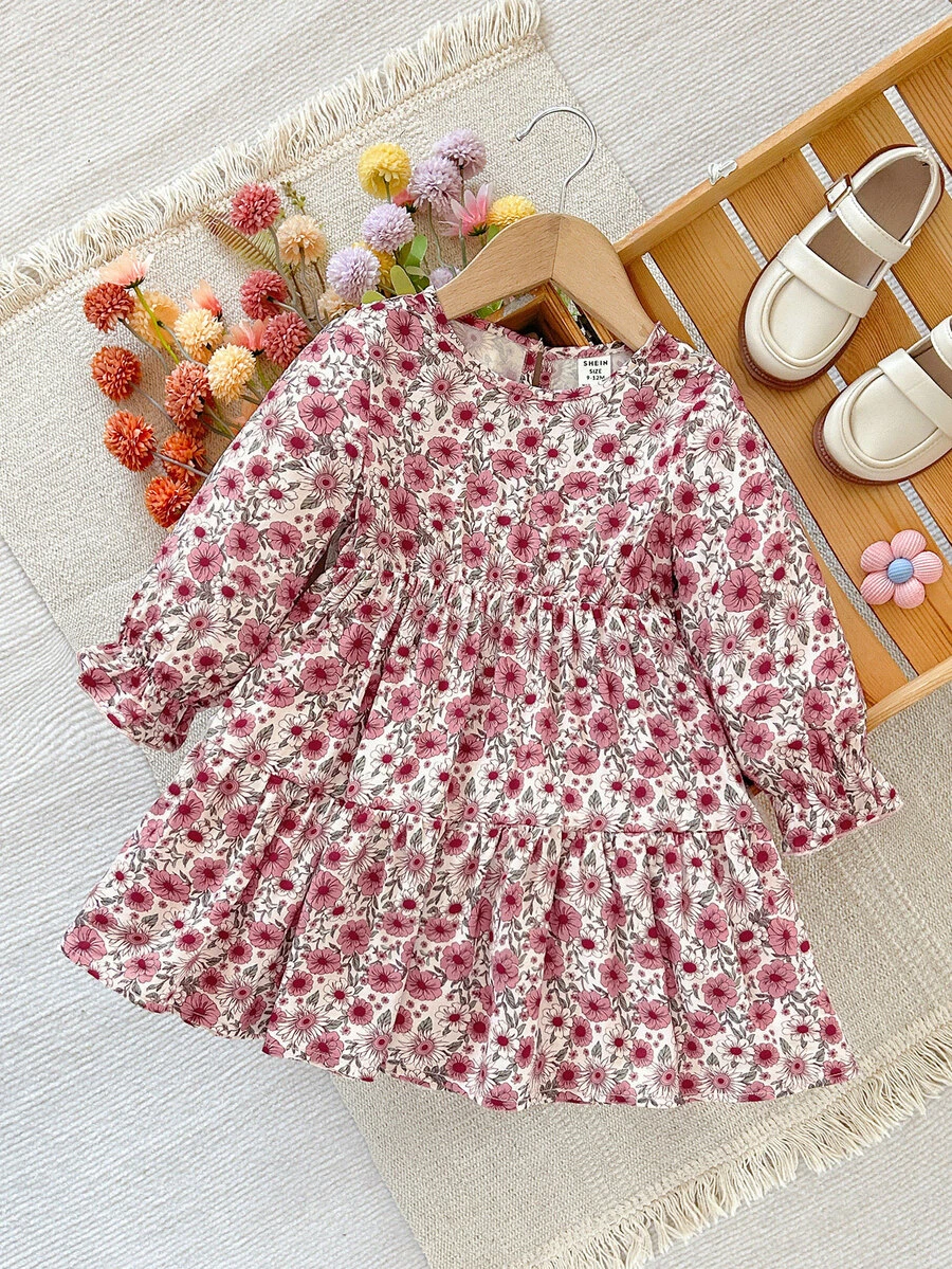 SHEIN Baby Girl Woven Ditsy Floral Round Neck Casual Dress - Multicolor - View 1