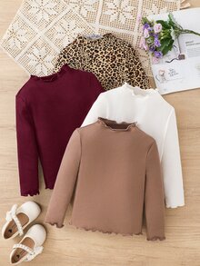 SHEIN 女童 4件組 豹紋印花與素色小高領荷葉邊針織布料T恤，百搭休閒日常穿著，適合學校、秋冬春季 - 彩色 - 查看 3