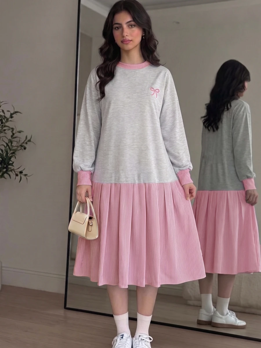 SHEIN 青少年女孩長袖蝴蝶結印花條紋百褶下擺運動衫洋裝,小學派對風 - 粉色 - 查看 1