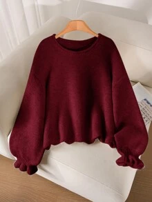 CosyJoli Áo len chui đầu dệt kim dày màu trơn dáng rộng, tay áo bo bèo, dáng ngắn, phong cách corset, màu đỏ rượu vang, phù hợp cho mùa đông, Giáng sinh, tiệc tối, trang trọng và đám cưới - Màu Đỏ Sâu - Xem 7