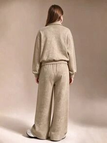SHEIN 青少年女孩休閒運動兩件式衛衣與長褲套裝，長袖保暖，適合秋季、春秋/冬季，校園與校外穿著，棕色 - 卡其色 - 查看 2