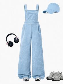 SHEIN 少女款抓絨秋季服飾 秋冬羅紋燈芯絨可調扣彈性腰連身褲，適合秋冬日常穿著 - 藍色 - 查看 3