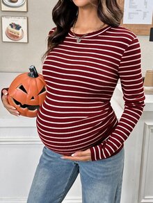 SHEIN 孕婦休閒條紋修身長袖T恤，適合秋季萬聖節秋冬休閒穿著 - 紅色 - 查看 3