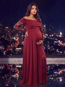Cheriluna Maternity فستان أنيق بحجم كبير للحوامل بتصميم دانتيل مرقع للخريف/الشتاء - عنابي اللون - مشاهدة 6