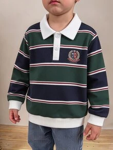 SHEIN Playful Pals 男孩休閒條紋印花 Polo 領長袖衛衣，休閒學院風 Polo 衫，長袖半拉鍊可愛設計衛衣，柔軟舒適面料，適合秋冬穿著，男孩日常穿搭理想選擇 - 彩色 - 查看 4
