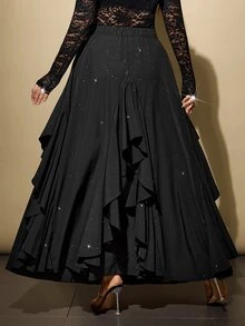 Viva Relle Plus Size Women's Ruffle Hem Fashionable Versatile Daily Wear Skirt - Black - View 2
