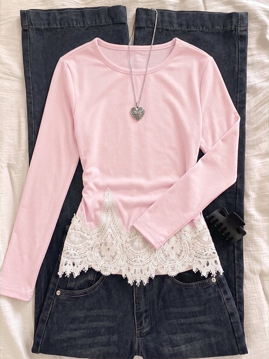 Tween Girls Knit Light Tween Girl Pink Hem Contrast Lace Casual Long Sleeve T-Shirt - Pink - View 1