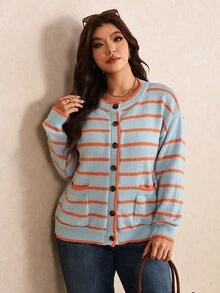 Elaquor Áo cardigan len dệt kim phối màu sọc có cúc cho người size lớn - Màu xanh lam - Xem 5