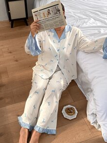 Napfluff CURVE Napfluff CURVE Colorblock Striped Bow Print Pajama Set, Sweet Ruffle Trim Plus Size Loungewear - Beige - View 5