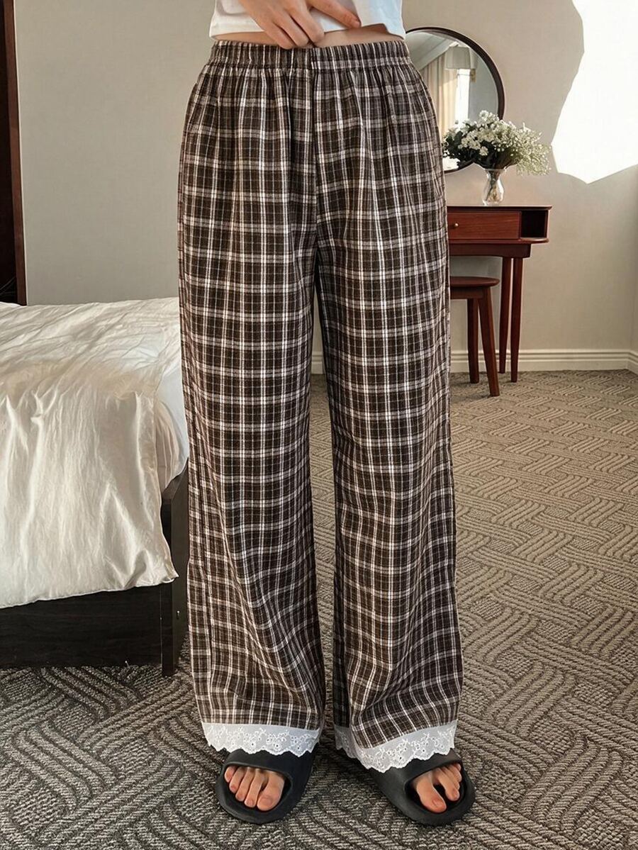 DAZY Women's Comfortable Plaid Print Mesh Embroidered Pajama Pants For Daily Wear - Winter Sand - View 1