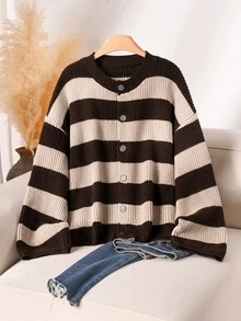 CosyJoli Plus Size Elegant French Style Commuter Vacation Romantic Colorblock Pink Knit Cardigan Sweater Top Women Autumn Winter High-End Minimalist - Apricot - View 1
