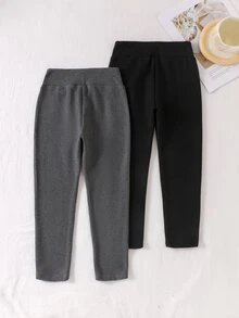 SHEIN 女童 2 件組，秋冬女童內搭褲，柔軟高彈性標誌裝飾內搭褲，高腰修身兒童下著，適合女童日常休閒穿著 - 彩色 - 查看 2