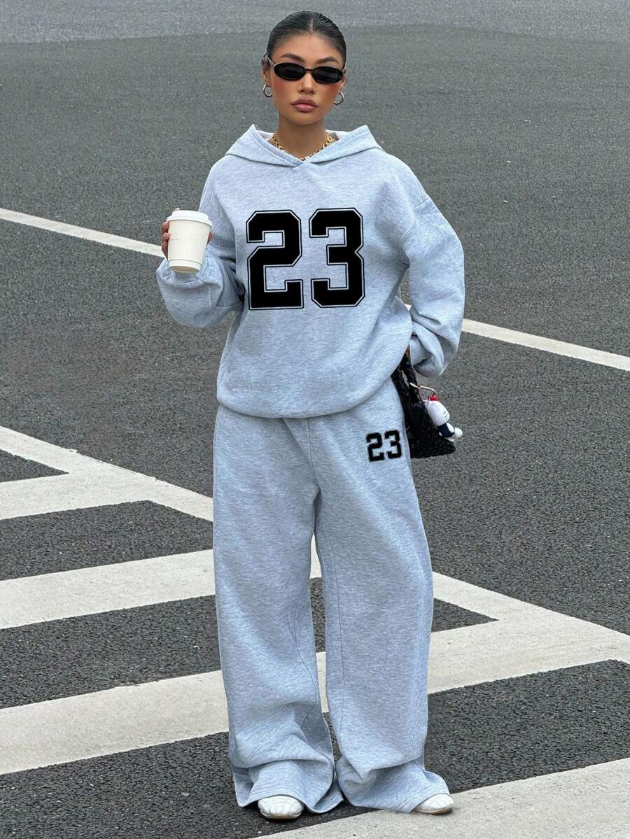 Muchica 女款休閒寬鬆連帽衛衣與運動長褲套裝，女款秋冬服飾 - 灰色 - 查看 1