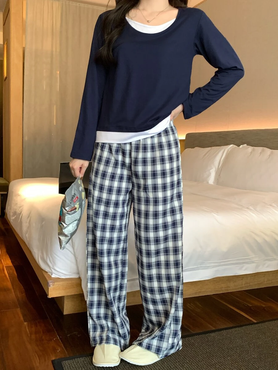 DAZY 2pcs/Set Women's Colorblock 2 In 1 Loose T-Shirt & Plaid Straight Leg Long Pajama Pants Sleepwear Set - Navy Blue - View 1
