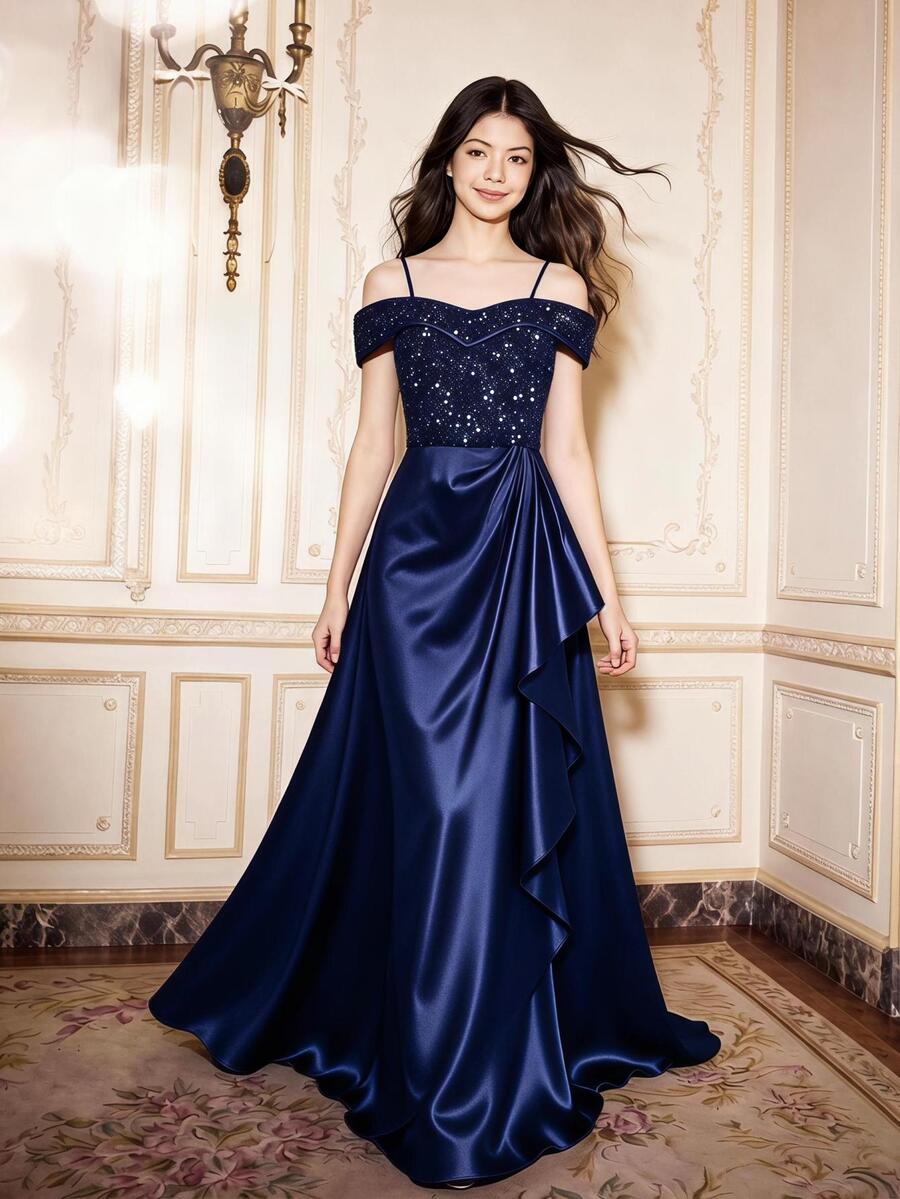 Teen Girl Sequin Patchwork Satin Ruffle Spaghetti Strap Ruffle Hem Slit Full Skirt Dress For Wedding Sweet 16 Prom Performance Burgundy Summer - Navy Blue - View 1