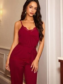 Slumberist Women's Lace Patchwork Tie Strap Camisole Pajama Set - Burgundy - View 4