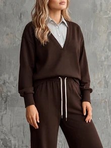 Linhara CURVE Plus Size Women's Casual Coffee Brown 2 In 1 Striped Patchwork Sweatshirt And Elastic Drawstring Wide Leg Sweatpants, Women's Casual Loose Two Pieces Sportswear Set - Coffee Brown - View 6