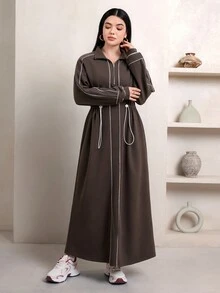 Veilorie Women's Striped Colorblock Long Sleeve Drawstring Dress - Coffee - View 3