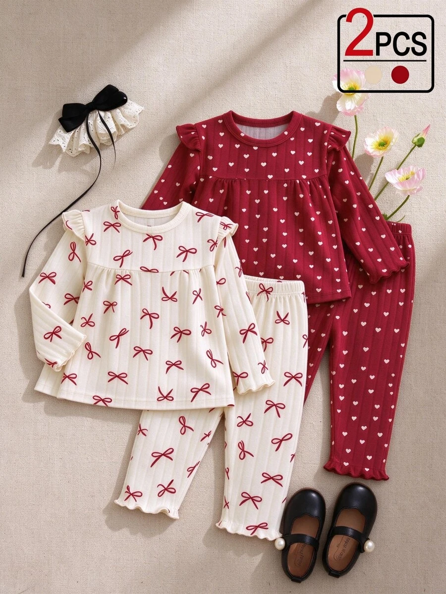 SHEIN 4pcs Toddler Girl Top Pants Set Cute Sweet Red White Heart Ribbon Frill Ribbed Long Sleeve Crew Neck Regular Holiday Fall Ballet Lettuce Hem - Red - View 1