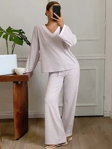 Livesso Women's Striped Long Sleeve Top And Pants Casual Daily Loungewear Set - Purple - View 5