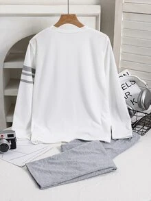 SHEIN Little Byeori Kids Tween Boy Simple Striped Colorblock Pattern Crew Neck Long Sleeve Pants Loose Casual Loungewear Pajama Set 2 Pieces - White - View 3