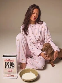 Athîral 女款柔軟針織甜點印花長袖上衣與長褲淺藍色休閒可愛居家服套裝，適合秋季、居家、睡眠、聖誕節、四季居家穿著 - 淺粉色 - 查看 3
