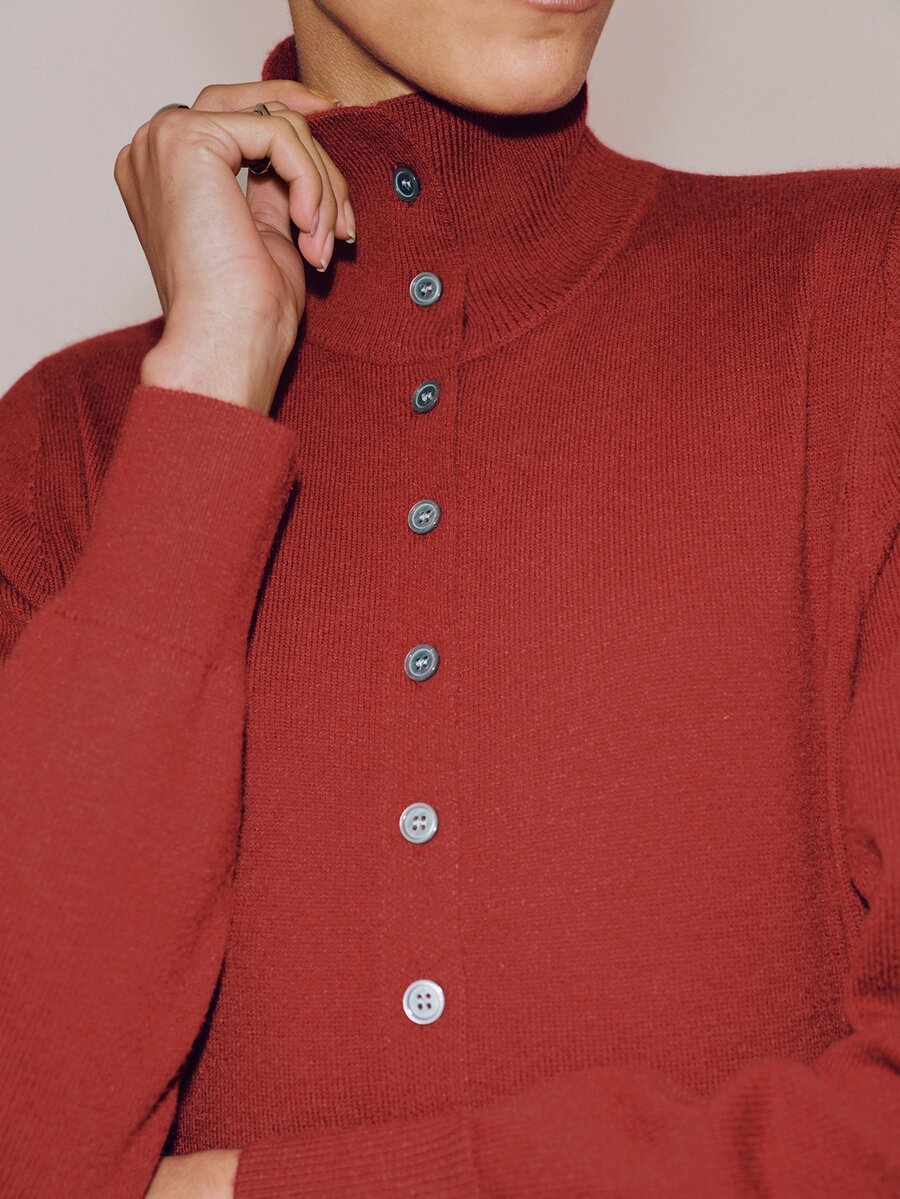 Anewsta Essential Turtleneck Knit Cardigan, Button Front Sweater, Loose Long Sleeve Knitwear, **Red Cardigan**, Thanksgiving Outfit, Christmas Holiday Wear, Winter Part - Red - View 1