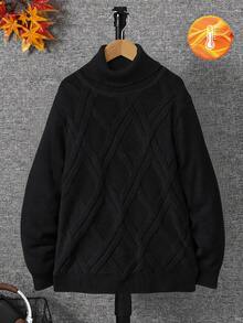 SHEIN 青少年男孩舒適高領長袖套頭毛衣，白色，秋季，休閒，校園，返校季，復古百搭冬季衣物 - 黑色 - 查看 6