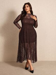 Elaquor Plus Size Vintage Lace Long Sleeve Evening Dress - Coffee Brown - View 4