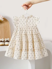 SHEIN Toddler Baby Girl Dress Cute Sweet Elegant White Polka Dot Long Sleeve Round Neck Regular Fit Ruffled Bow Princess Ballet Ballerina Cozy Baby Girl Girls - Apricot - View 2