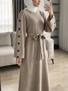 Solavon Women's Solid Color Waist Tie Casual Party Summer Long Dress - Khaki - View 4
