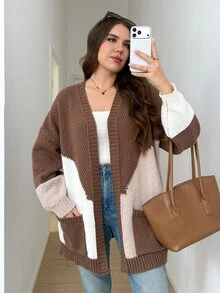 SHEIN LUNE Plus Size Women's Colorblock Casual Daily Cardigan - Coffee Brown - View 3